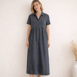 Kiko VTG 100% Linen Gray Button Front Shirt Dress Midi Sz S Pockets Minimalist